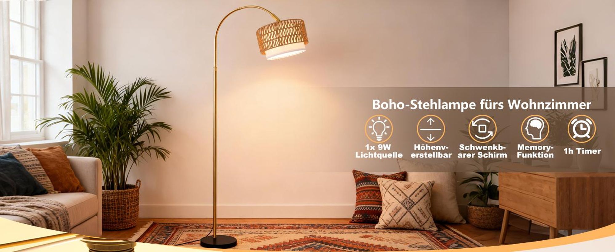 ZMH Stehlampe Boho Rattan Bogenlampe Gold dimmbare Stehleuchte mit Fernbedienung E27 LED Bogen Leselampe 350° drehbar Standlampe für Schlafzimmer Büro