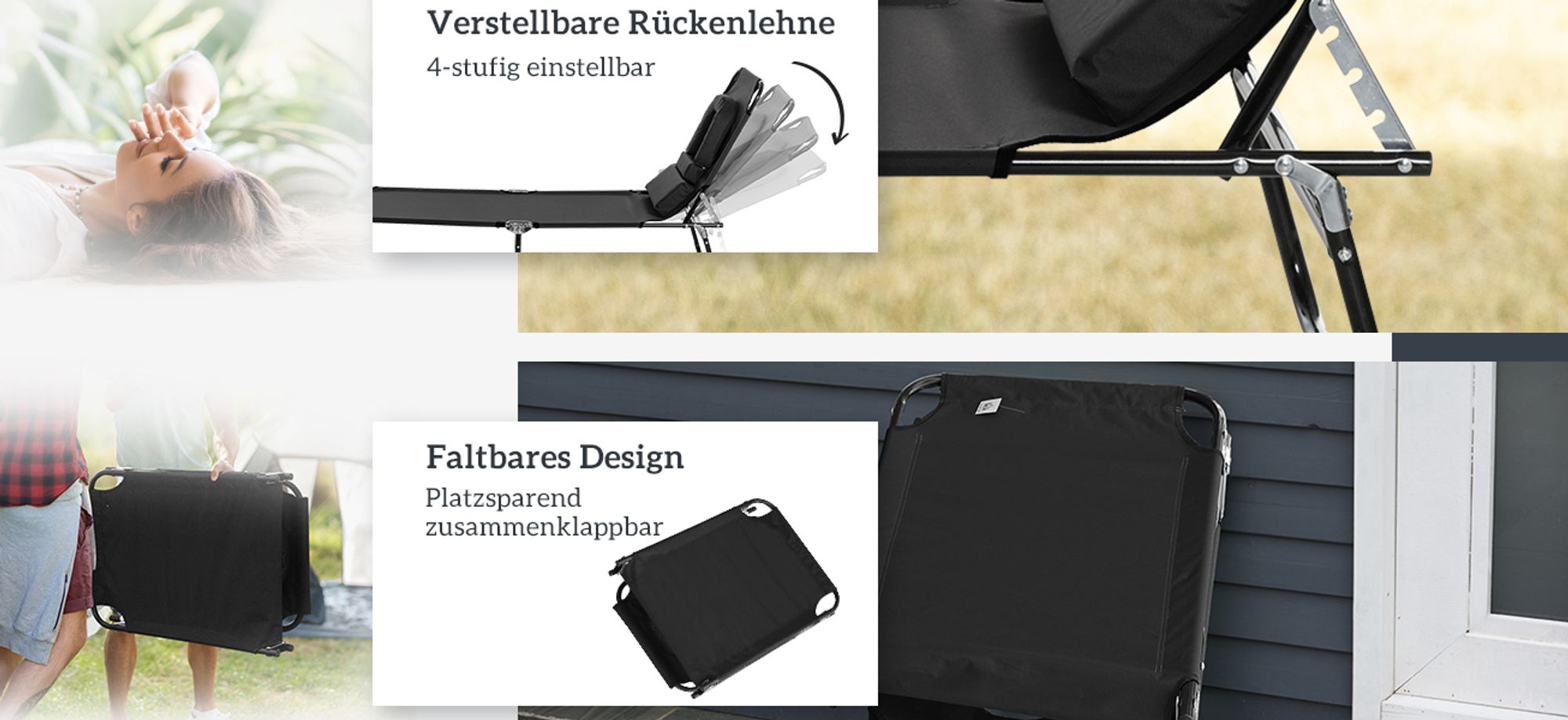 Outsunny Sonnenliege Gartenliege Relaxliege Kissen mit Gesichtsloch Schwarz