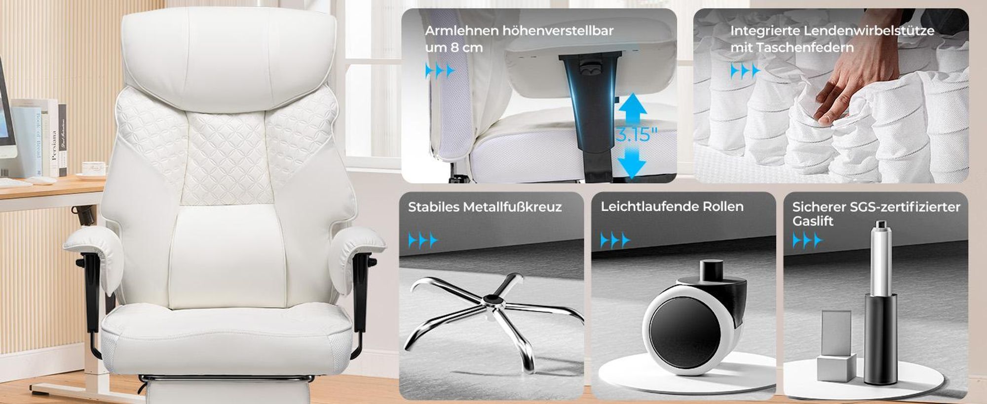 COMHOMA Gaming Stuhl für Große und Schwere Personen, ergonomischer Bürostuhl bis 180 kg, 3D Sitzkissen, verstellbar mit Fußstütze, Kunstleder, Weiß