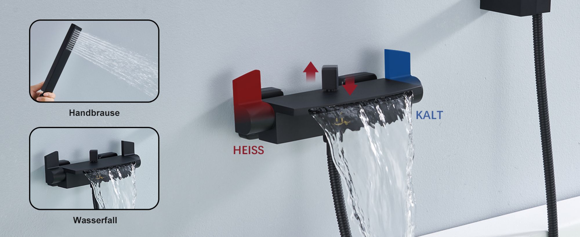 Homelody Wasserfall Badewannenarmatur mit Regal,Wannenarmatur mit Handbrause,Badewanne Armatur Duscharmatur für Bad, Schwarz matt,Komplett Duschset