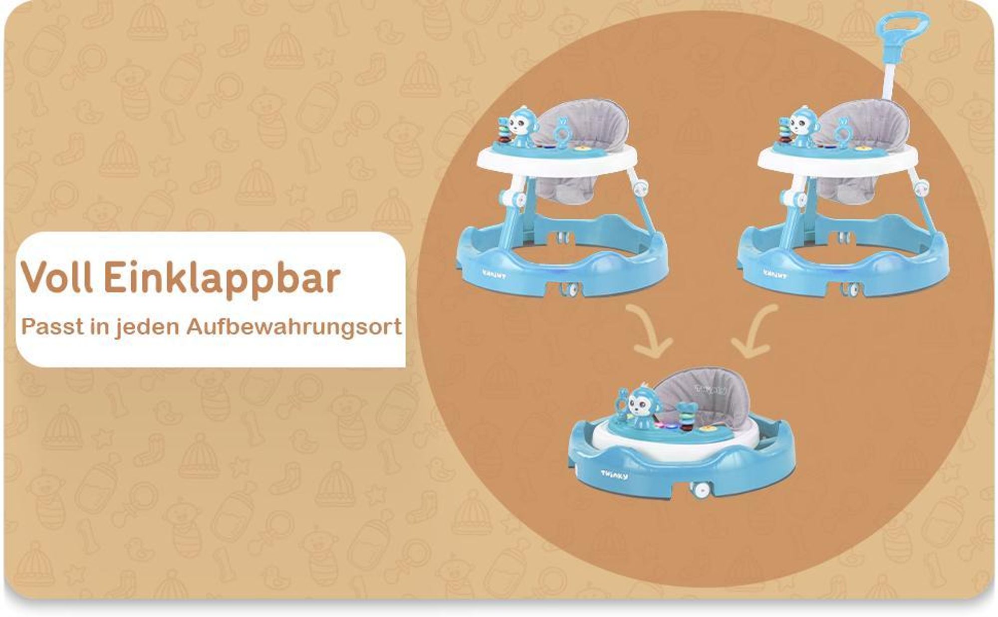 Twinky® Lauflernhilfe in Blau | Lauflernwagen mit Spielset und Zubehör für sicheres und spielerisches Lernen | inkl. Fußmatte und Haltegriff