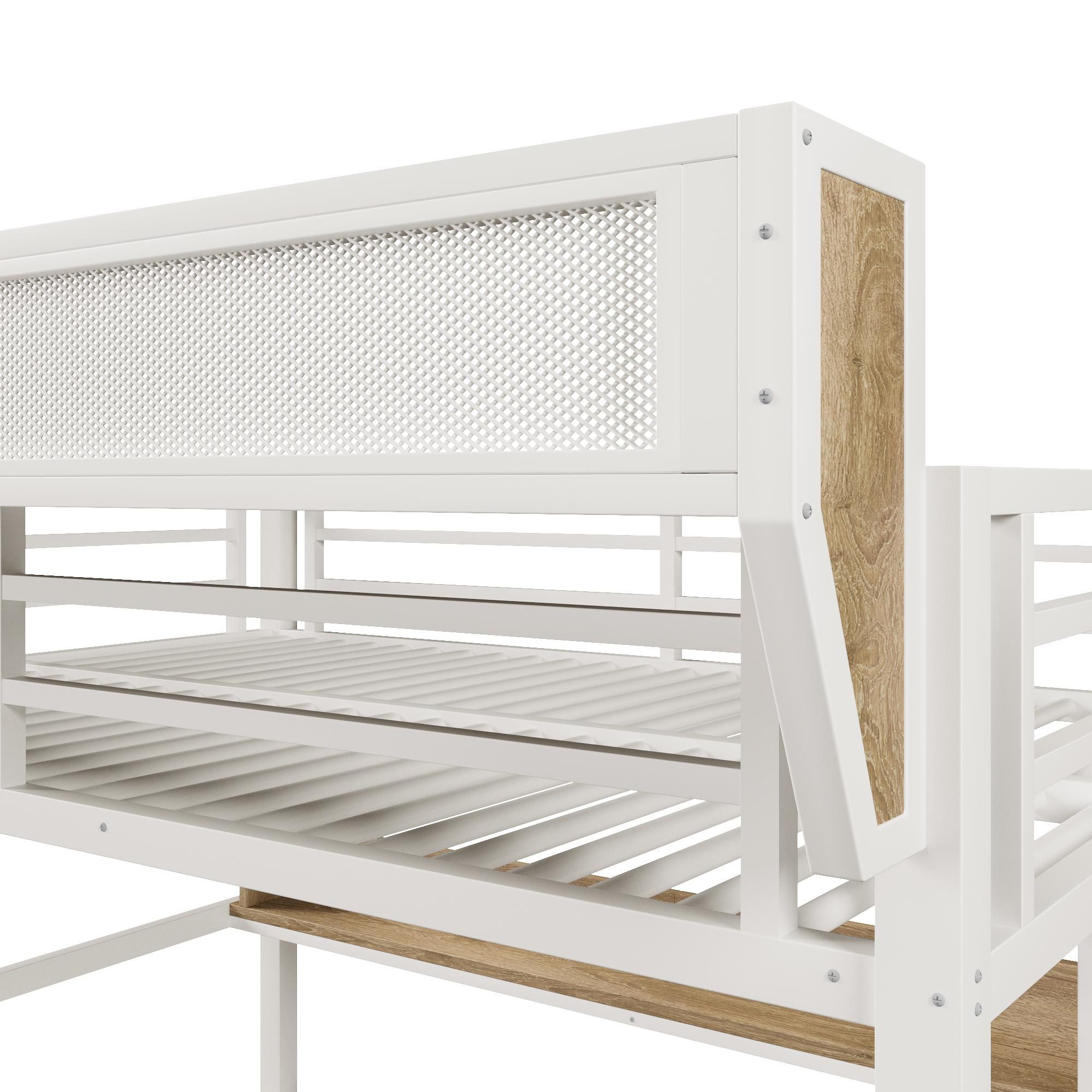Merax Etagenbett Hochbett 140x200 cm, Metallbett mit LED Beleuchtung, 2 Schubladen, Ablagebord, Aufbewahrungskorb, Stauraum Bett, Kinderbett, Weiß
