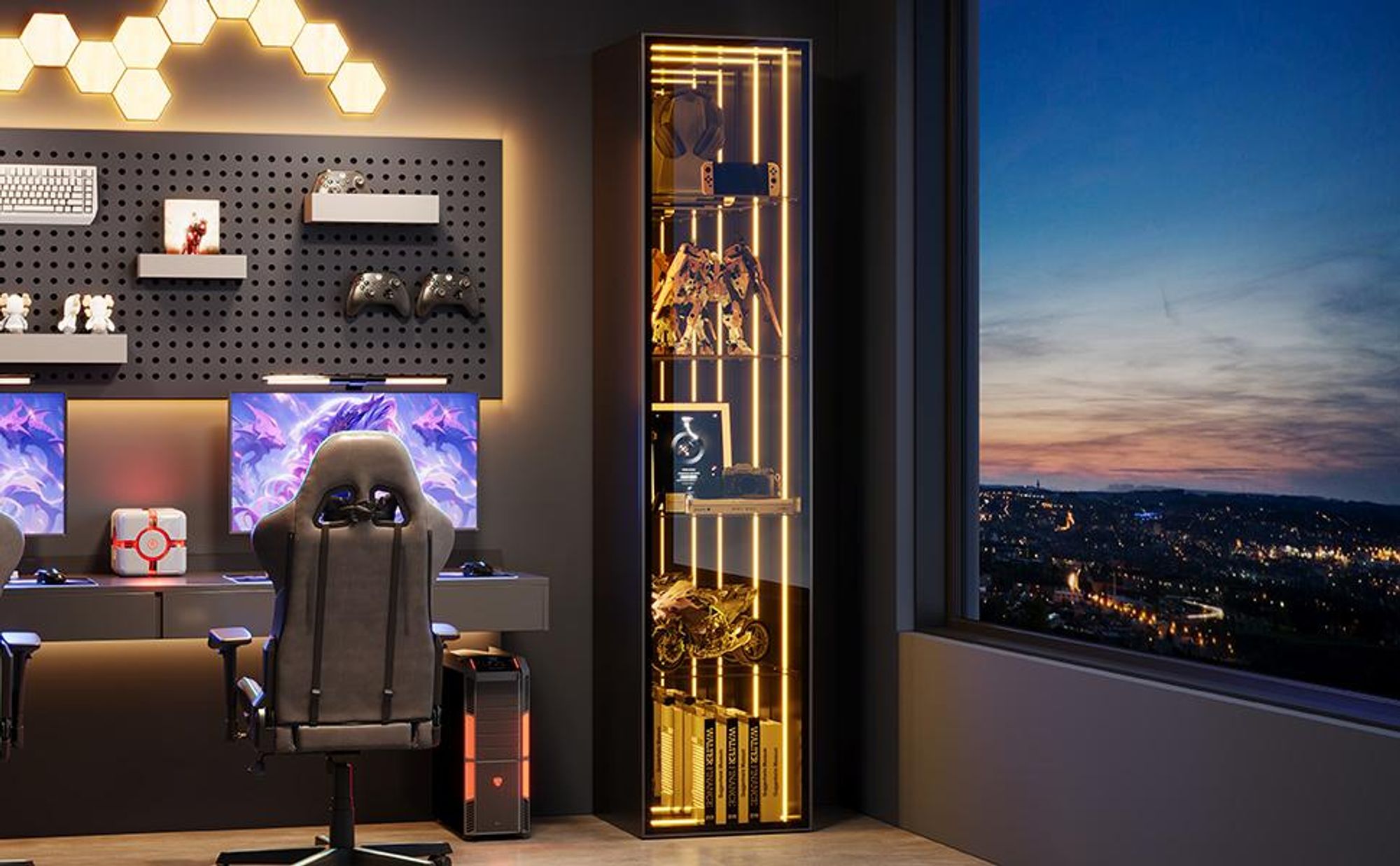 Merax Glasvitrine mit LED Beleuchtung, Aufbewahrungsschrank mit Aluminiumrahmen und 5 Ebenen, Hochschrank Vitrinen, H 160 cm,Schwarz