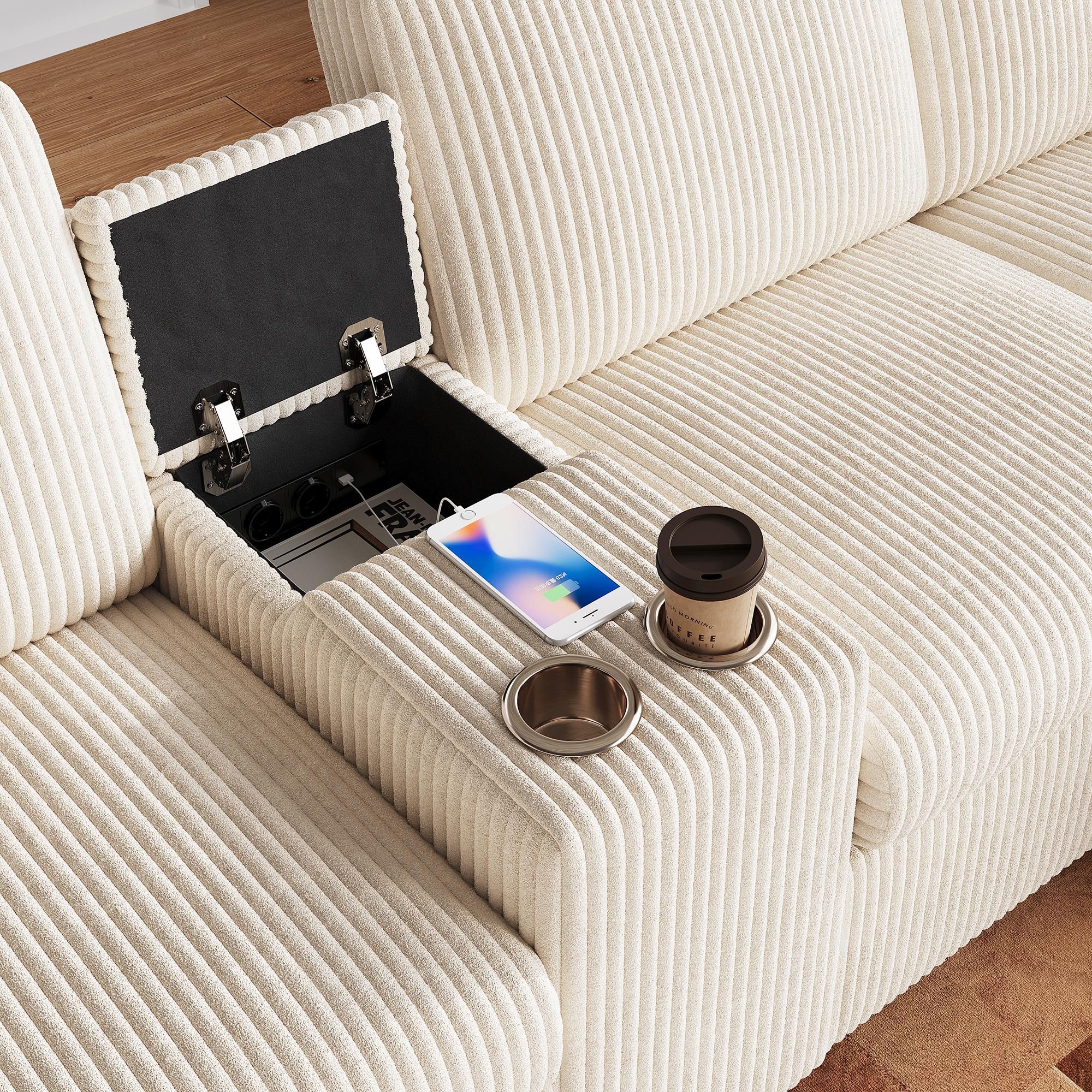 Merax U-Form Ecksofa mit 2 Hockern, USB-, Type-C, Couchtisch & Becherhaltern, 2 Kissen,4-Sitzer Sofa mit Bettkasten, Couch, Cord Stoff, Beige