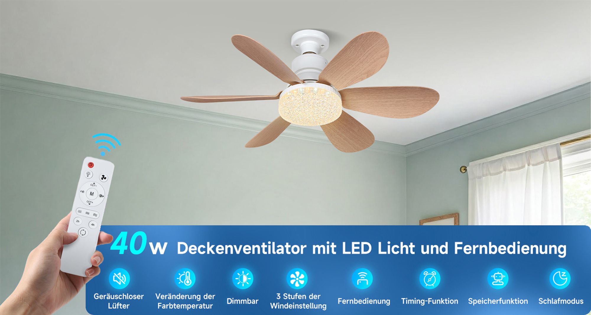 40W Deckenventilator mit Beleuchtung und Fernbedienung E27 3 Farbtemperatur Dimmbar 3 Windgeschwindigkeit Lüfterleuchte, Braun