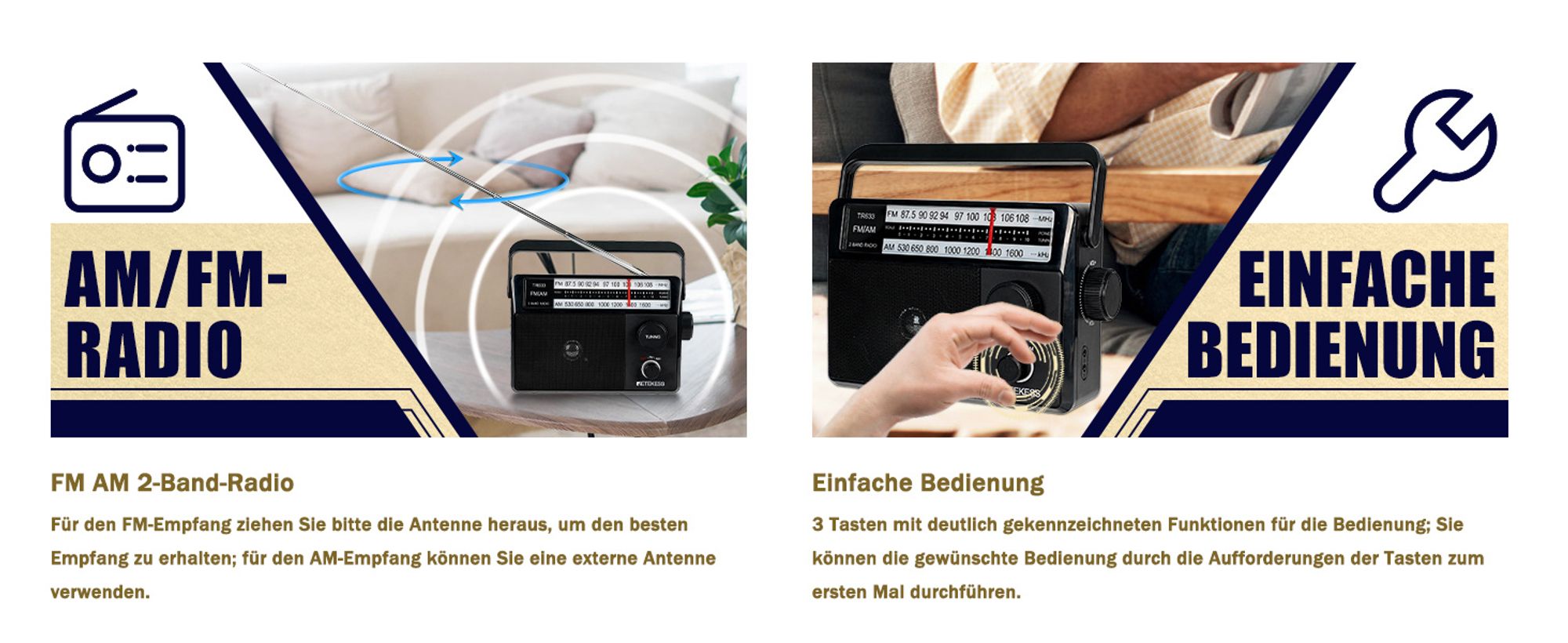 Retekess TR633 Tragbares Radio, Kofferradio mit AM FM, Netze und Batterie, Kopfhörerbuchse, Großer Lautsprecher, Geschenke für ältere Menschen