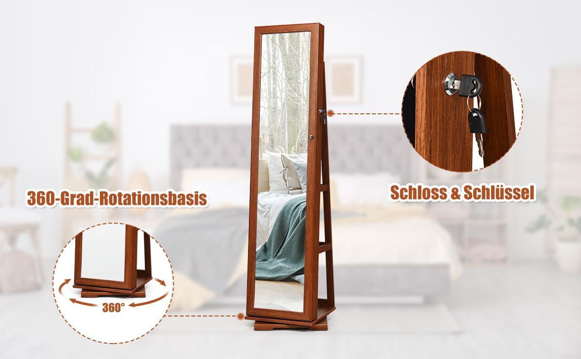 COSTWAY Schmuckschrank, Spiegelschrank mit Ganzkörperspiegel & eingebauter Make-up-Spiegel, 360° drehbar, abschließbar, Schmuck-Organizer Braun