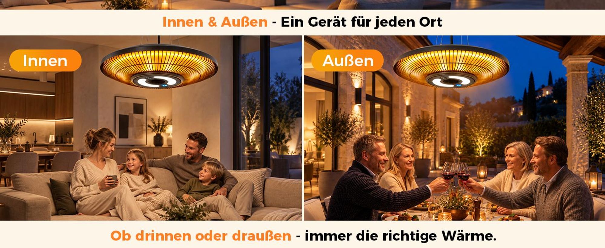 Radiateur infrarouge ZMH 2 en 1 avec lumière,tactile, télécommande, 2000W, indice de protection IP65, écran numérique, minuterie 24h, diamètre 42 cm. Idéal pour les terrasses, les jardins et les salles à manger
