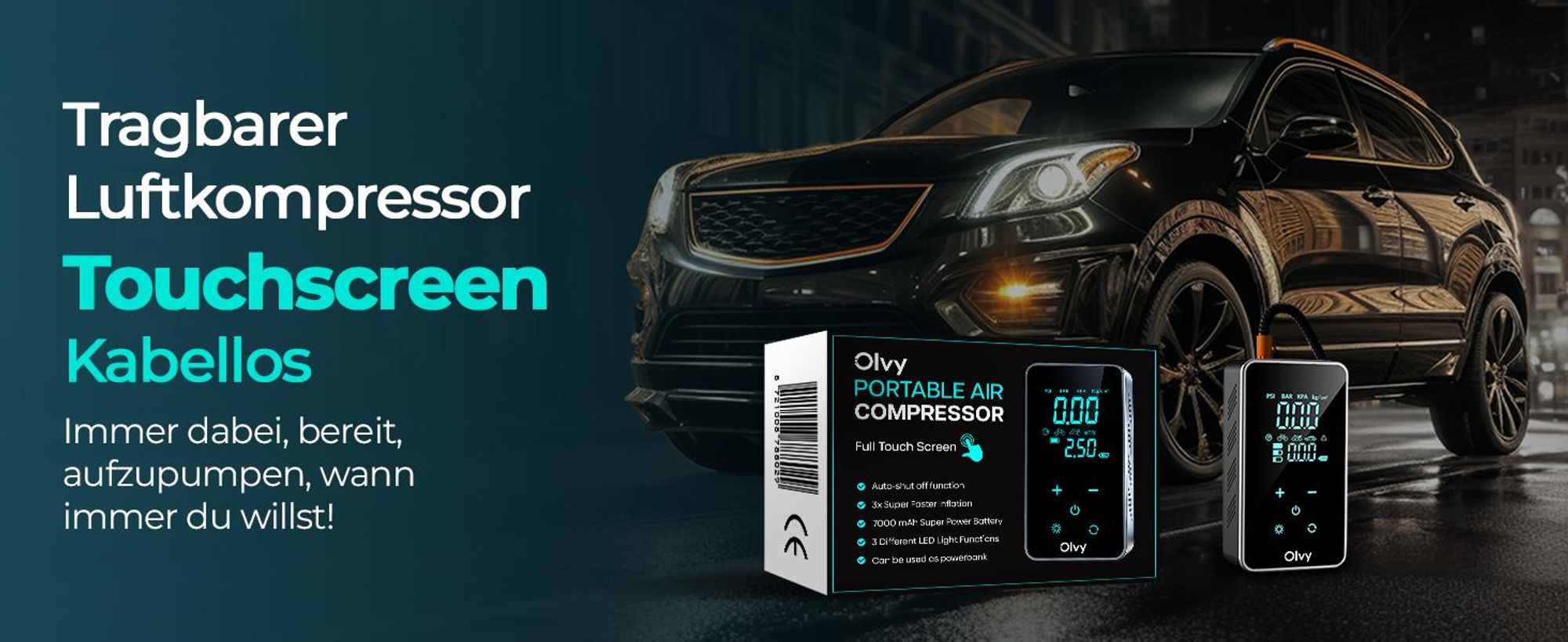 Olvy Luftkompressor, Mini Reifenpumpe 7000mAh, Elektrischer Kompressor Fahrradpumpe Elektrische Luftpumpe Mini-Kompressor Auto Fahrrad Bälle Powerbank