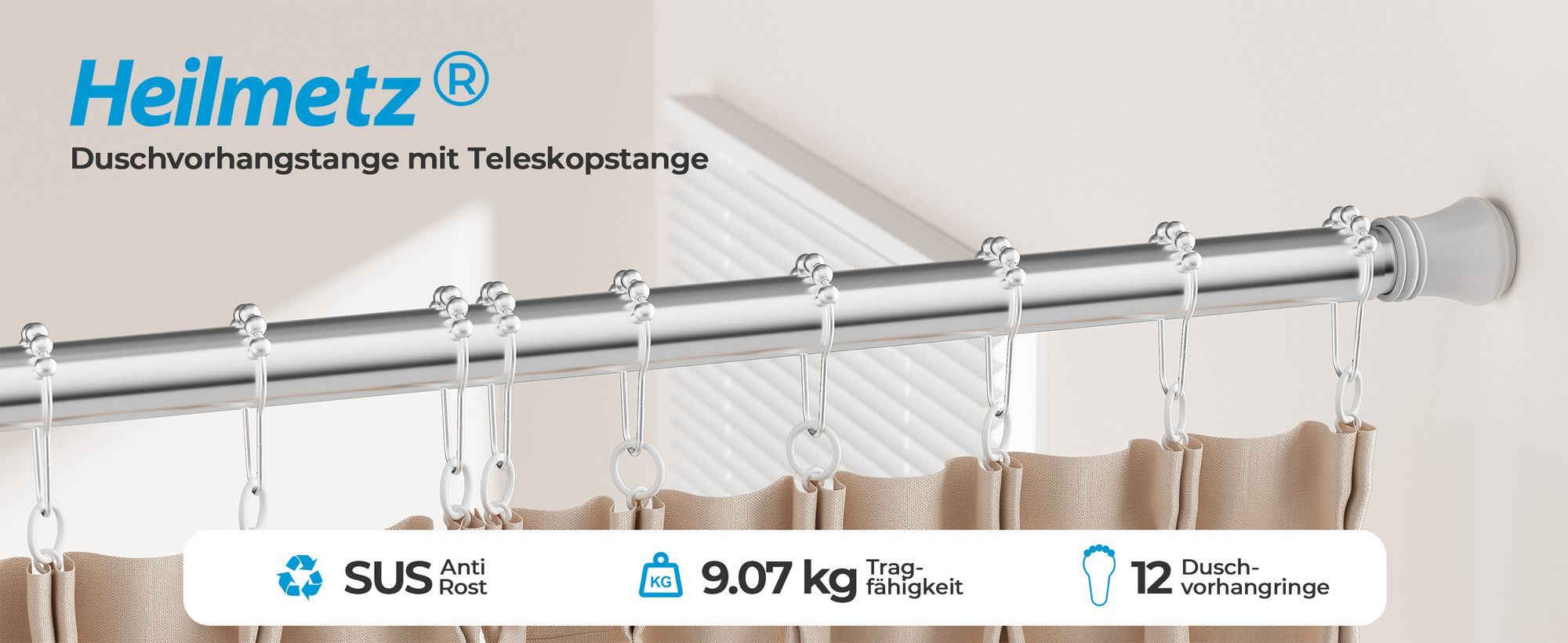 Heilmetz Duschstange Duschvorhangstange Teleskopstange 110-160cm, mit 12 Duschvorhangringe, Chrome Edelstahl Duschvorhang Duschstange