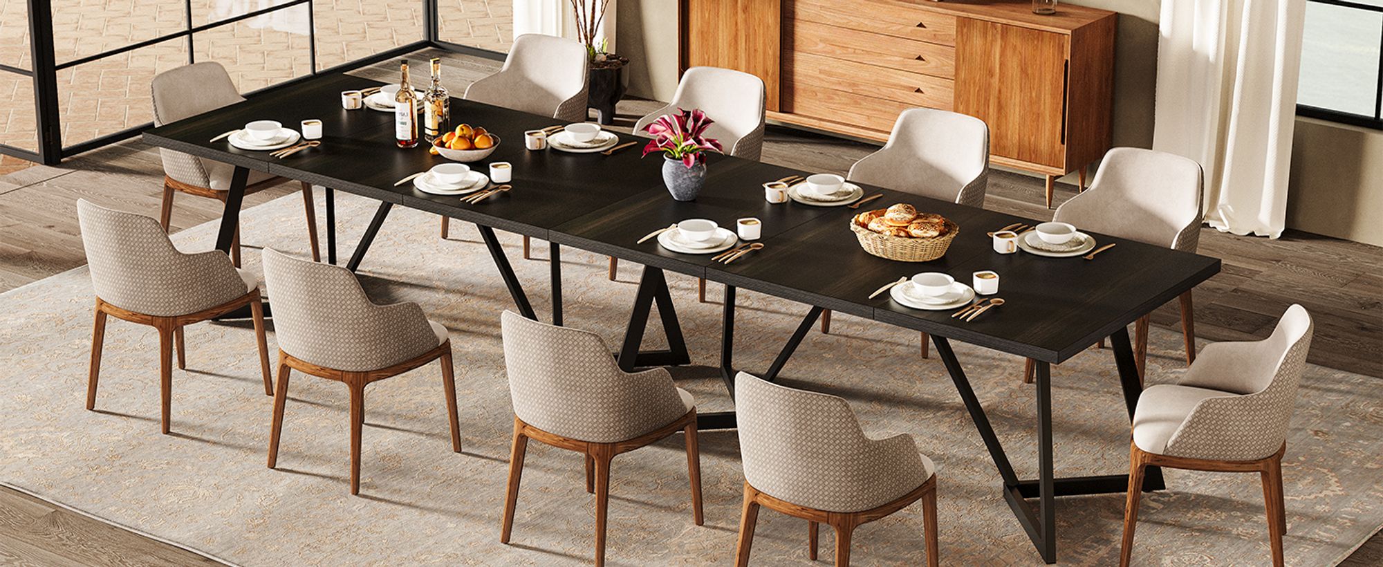Tribesigns Esstisch für 6–8 Personen, großer moderner Esszimmertisch mit Metallrahmen, 180*80 cm Küchen-Esstisch für das Esszimmer, Schwarz