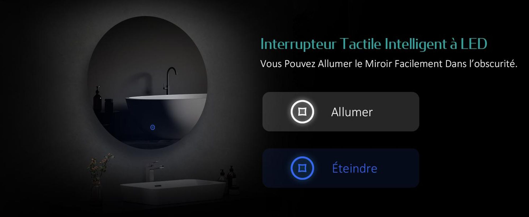 Miroir de salle de bain LED EMKE rond 60 cm Miroir LED Miroir de salle de bain avec éclairage Miroir lumineux blanc froid Miroir mural avec interrupteur tactile IP44 Économie d'énergie