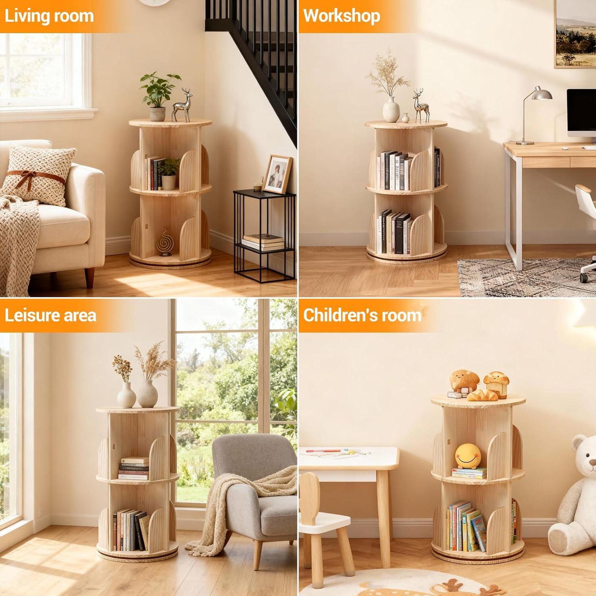 Drehbücherregal 360 Grad drehbar 39x39x67 cm Massivholz Rundregal 2 Ebenen Bücherregal Standregal für Wohnzimmer Schlafzimmer Kinderzimmer