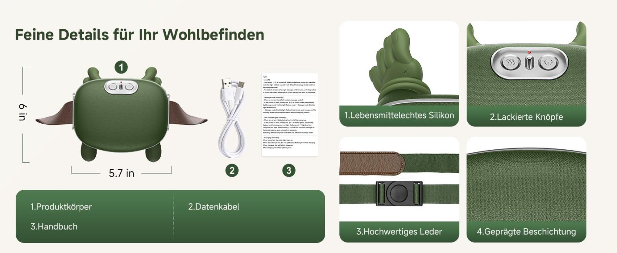 Bionische Shiatsu Massagegerät mit Wärme – Tragbares 4D Nacken- & Rückenmassagegerät, Tiefengewebe-Knetmassage, Elektrisch, Muskel- & Schmerzlinderung