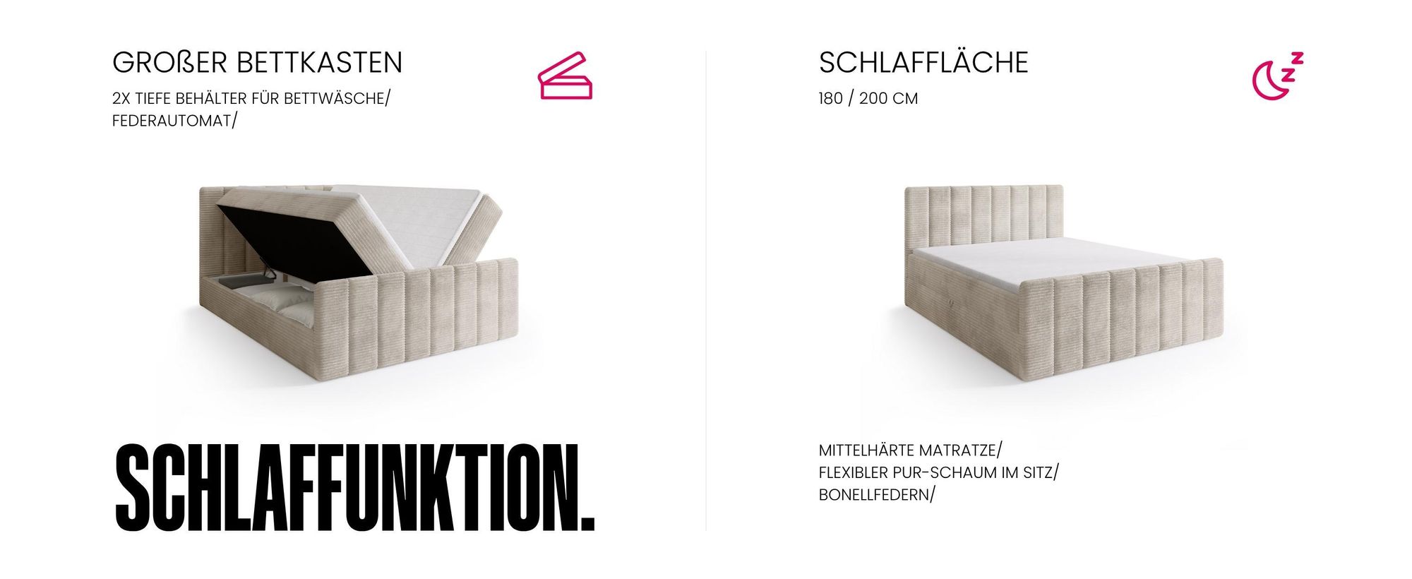BroMARKT Boxspringbett DENVER DUO mit 2 Bettkasten, Bonell-matratze, Polsterbett, Bett (Schwarz, Kronos 07, 180x200 cm)
