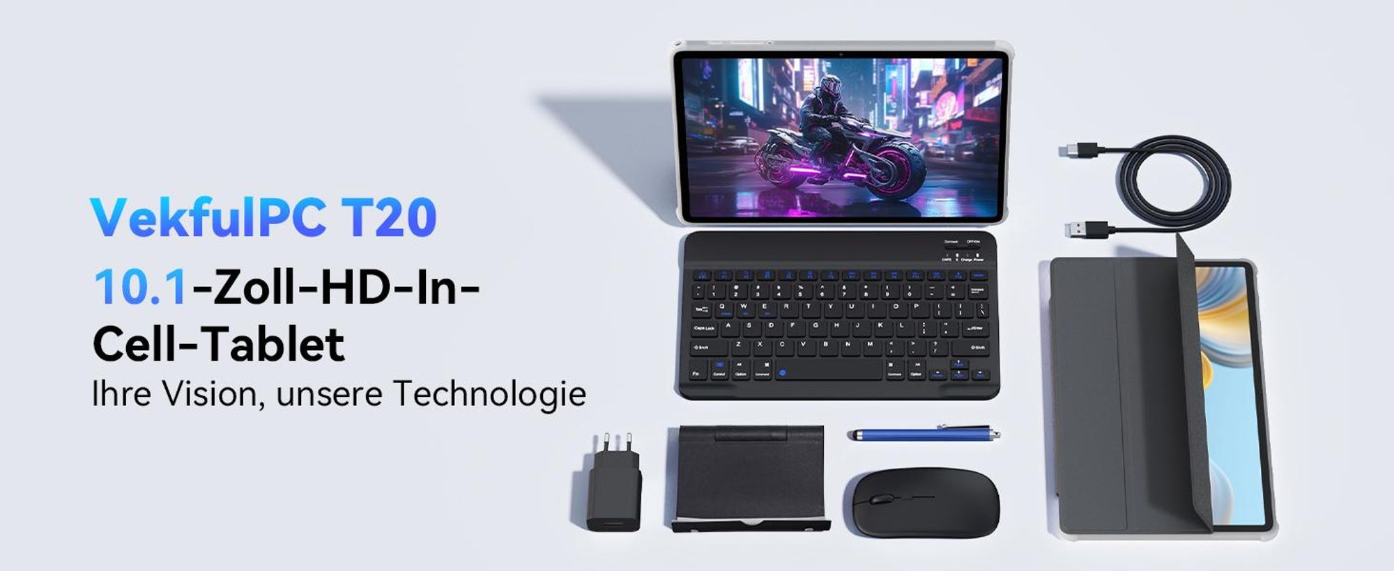 VekfulPC 10 Zoll Set Tablet, 24(8+16)GB RAM+256GB ROM (2TB TF), Android 16/5000mAh/Widevine L1/5G WiFi/Face ID, Grau