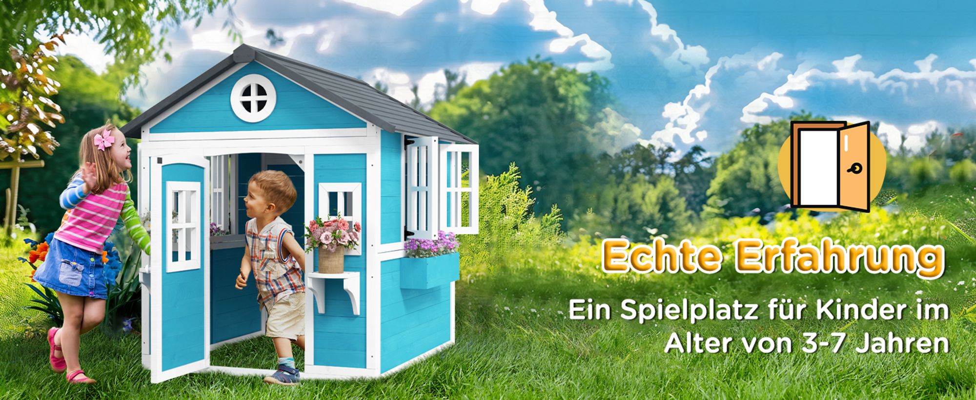 Outsunny Kinderspielhaus aus Holz mit Fenster Blumenregal Pflanzenkasten und Tür