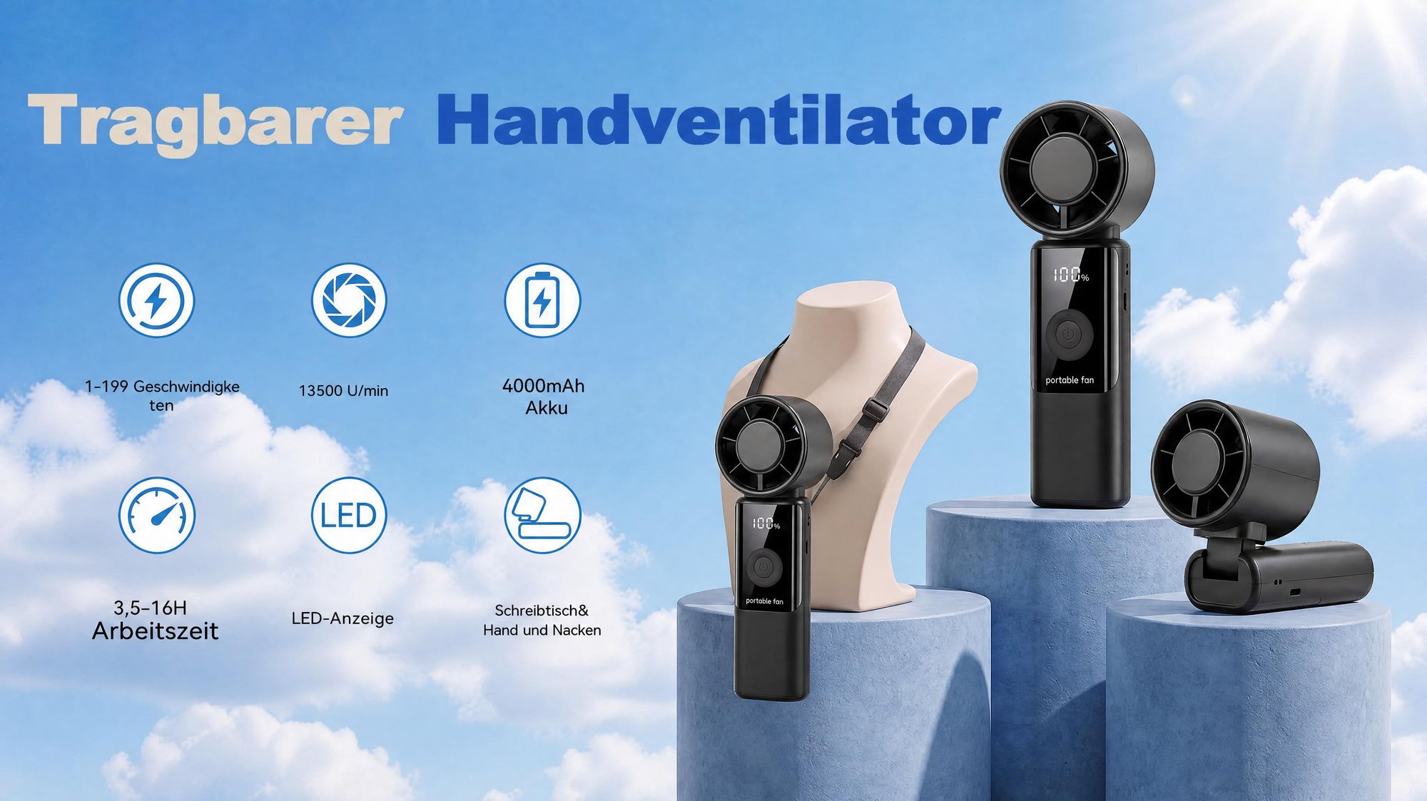 Tragbarer Handventilatoren USB, Faltbar Mini Ventilator Leise mit 4000 mAh Akku bis 16 Std. Laufzeit, LED-Display, 1-199 Geschwindigkeitsstufen