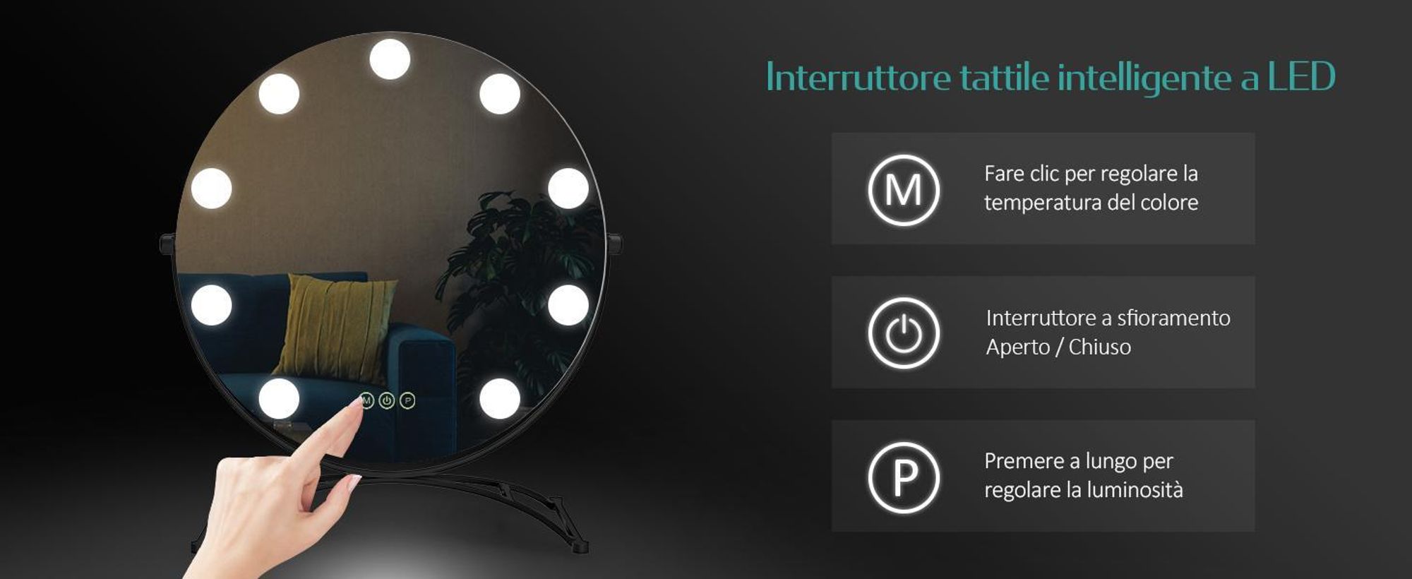 Specchio cosmetico EMKE Hollywood 58X50cm Specchio da trucco rotondo con illuminazione a LED e ingrandimento 7x, 3 colori di luce dimmerabili, nero