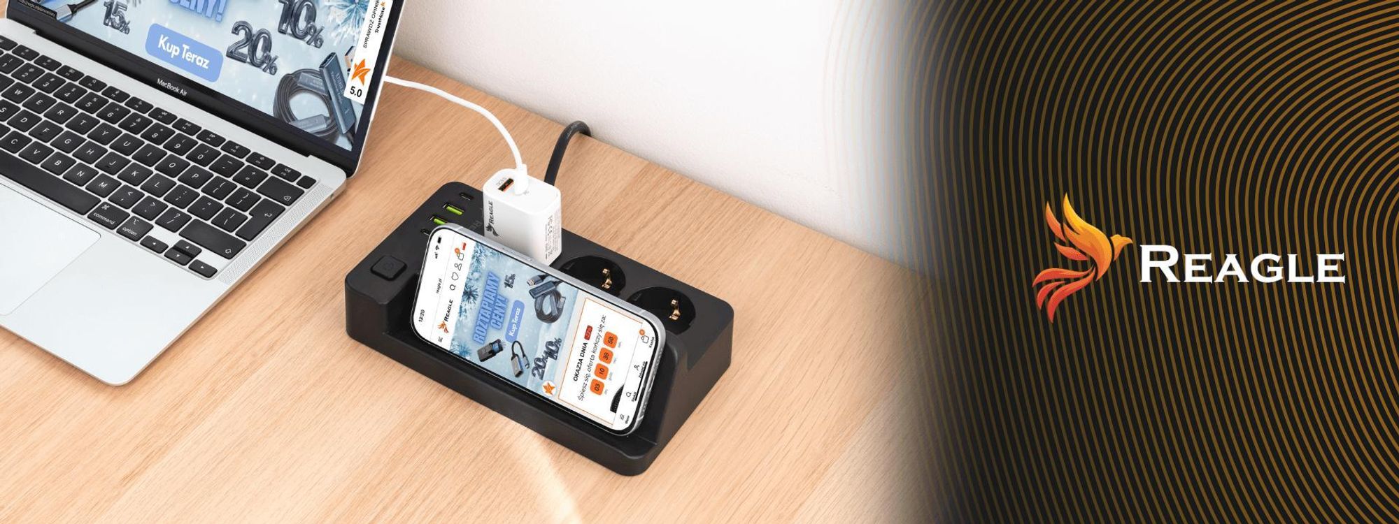 Steckdosenleiste mit Qi Ladestation 3 Meter 3x 230V 2x USB A 2x USB C Power Strip Überlastungsschutz für Handy Laptop Schreibtisch Ordnung Reagle