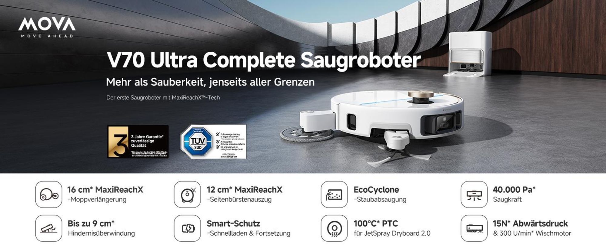 MOVA V70 Ultra Complete Saugroboter, 40000 Pa, MaxiReachX™ Kantenreinigung, 9 cm Hindernisüberwindung, EcoCyclone™ Staubabsaugung, All-in-One Station