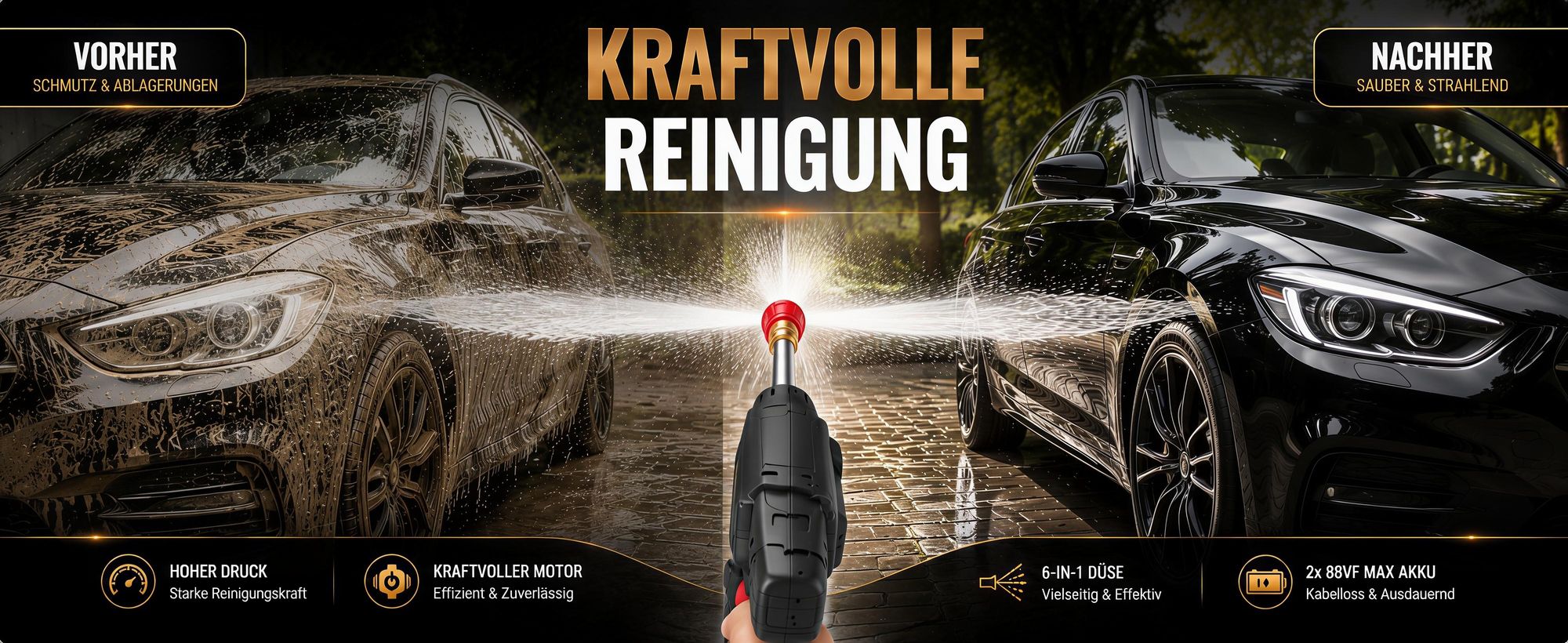 Akku-Hochdruckreiniger 88VF, 2x 3000mAh Akkus, Schaumsprühe, PET-Flaschen Adapter, für Auto & Garten, 5m Schlauch, aus jeder Wasserquelle