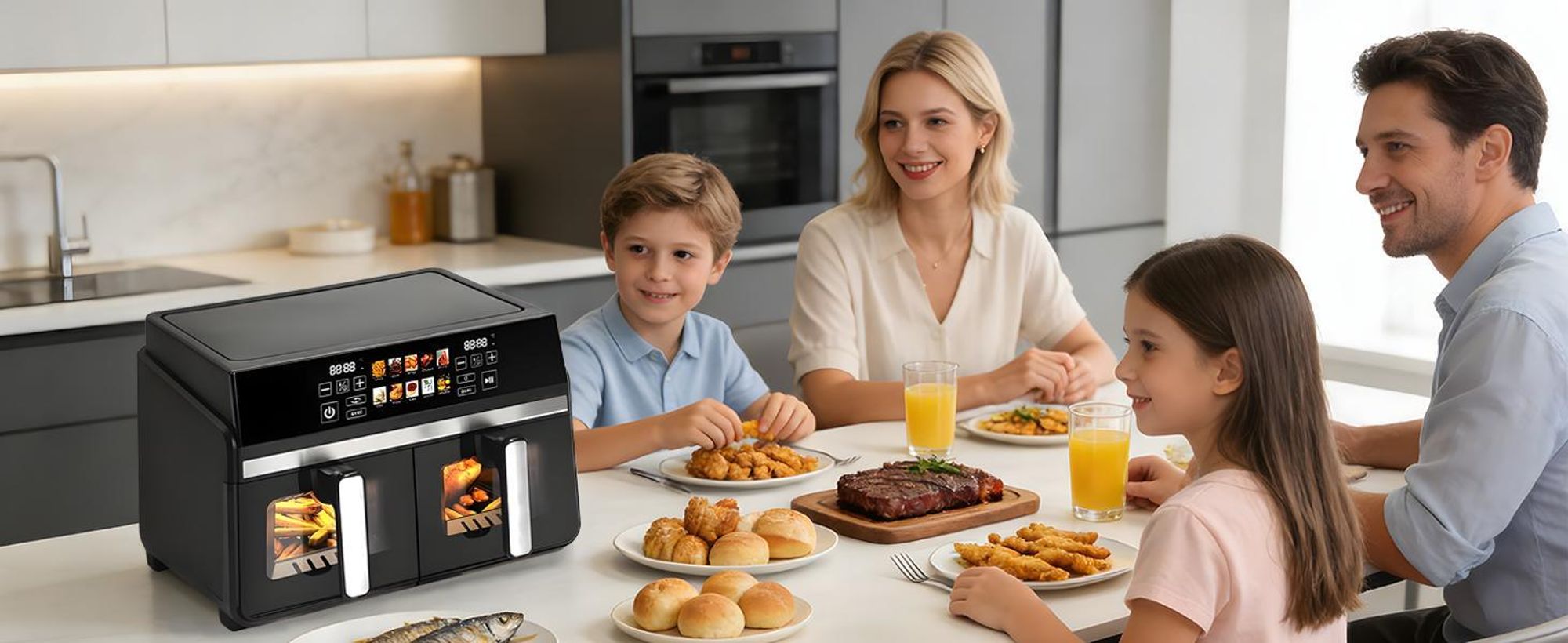 ZMH Heißluftfritteuse 2 Kammern 10L XXL  Air fryer doppelkammer Sichtfenster Dual ZoneSYNC DUAL 2200W Touchscreen Timer bis 24h 10 Programmen