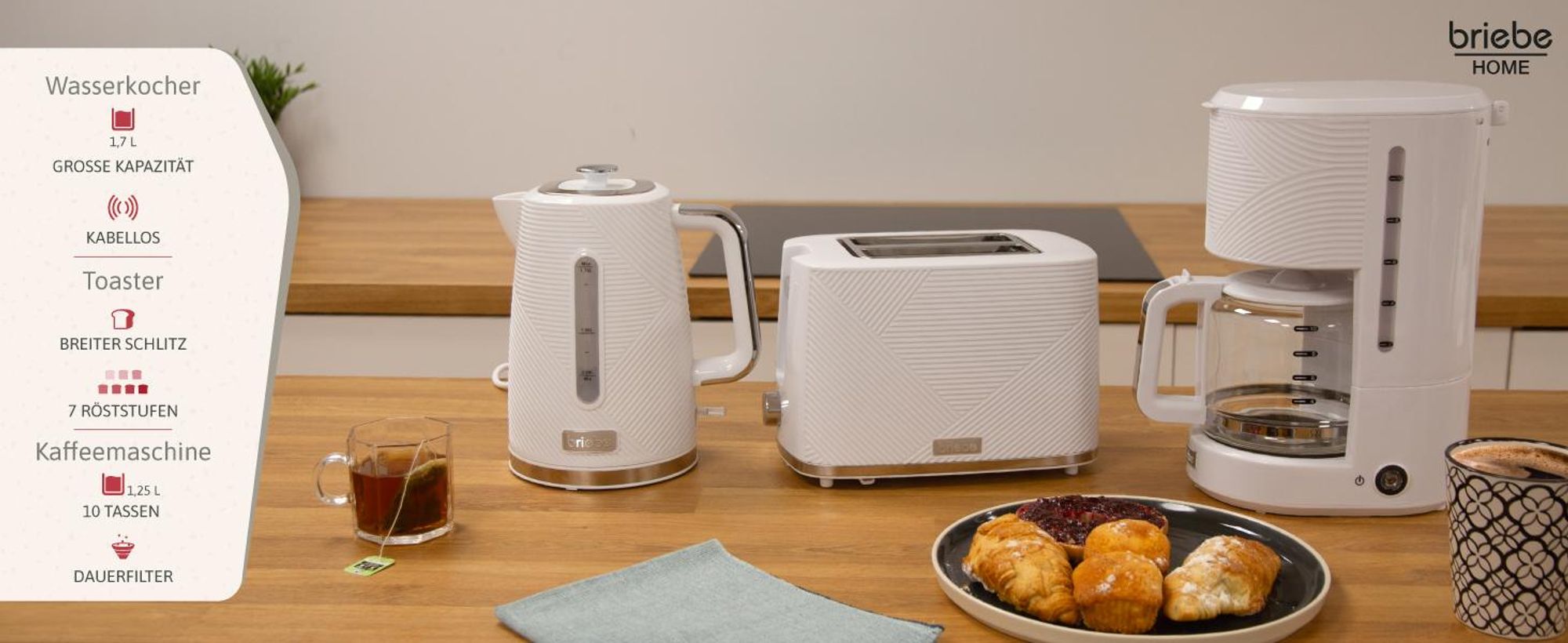 Briebe SKT1178WHT Elegance Set Toaster 2 Scheiben Wasserkocher 1,7L Filterkaffeemaschine 10 Tassen Weiß