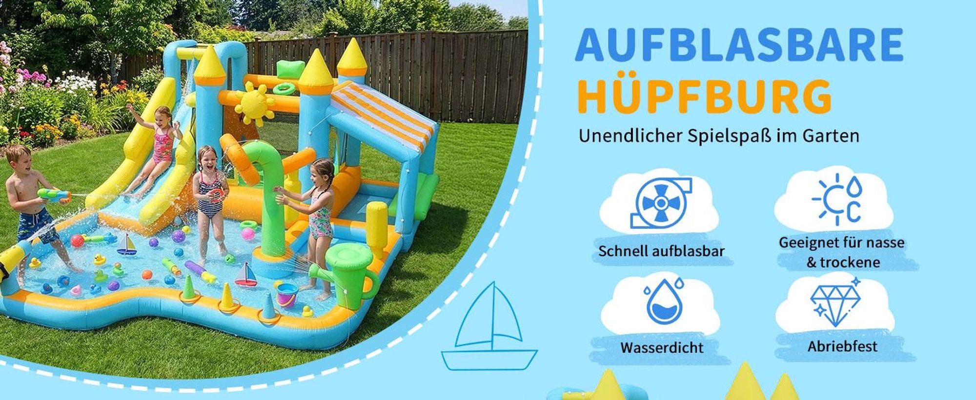 FCH Aufblasbare Hüpfburg mit Wasserrutsche – 7 in 1 Garten Spielcenter für Kinder- Robustes 840D Oxford Gewebe Mit 450W Gebläse ,490×385×210 cm
