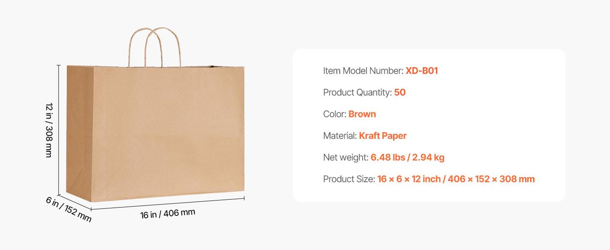 VEVOR Kraftpapiertüten, 50er-Pack, Geschenktüten mit Henkel, 406x152x308 mm, gro