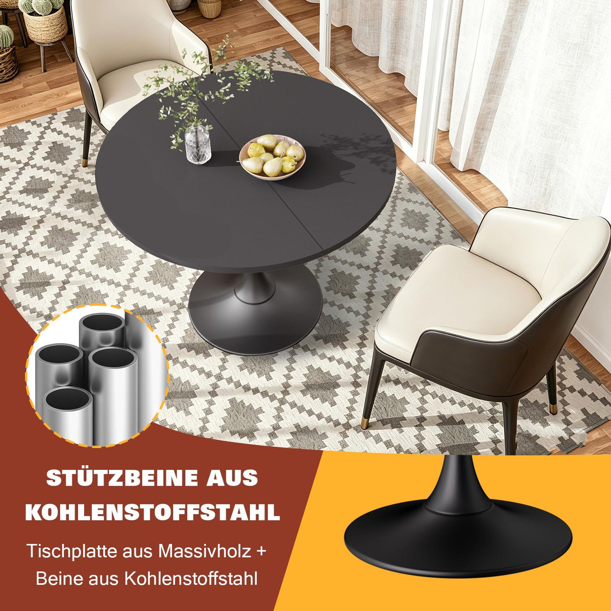 Ausziehbarer Esstisch 100–130 x 80 cm,für 4–6 Personen platzsparender Küchentisch mit leichtgängiger Teleskopschiene,Schwarz