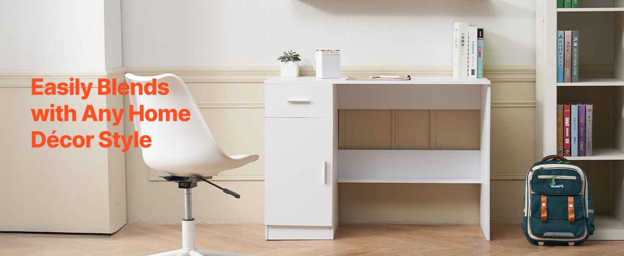VEVOR Kleiner Schreibtisch mit Schublade, Kinderschreibtisch für das Schlafzimmer, Holz einfacher Studiertisch zum Zeichnen, Lesen, Schreiben, rechteckiger MDF-Studienlagertisch mit verstellbarem Regal für Zuhause, Büro, Weiß, Weiß (Seitenregal)