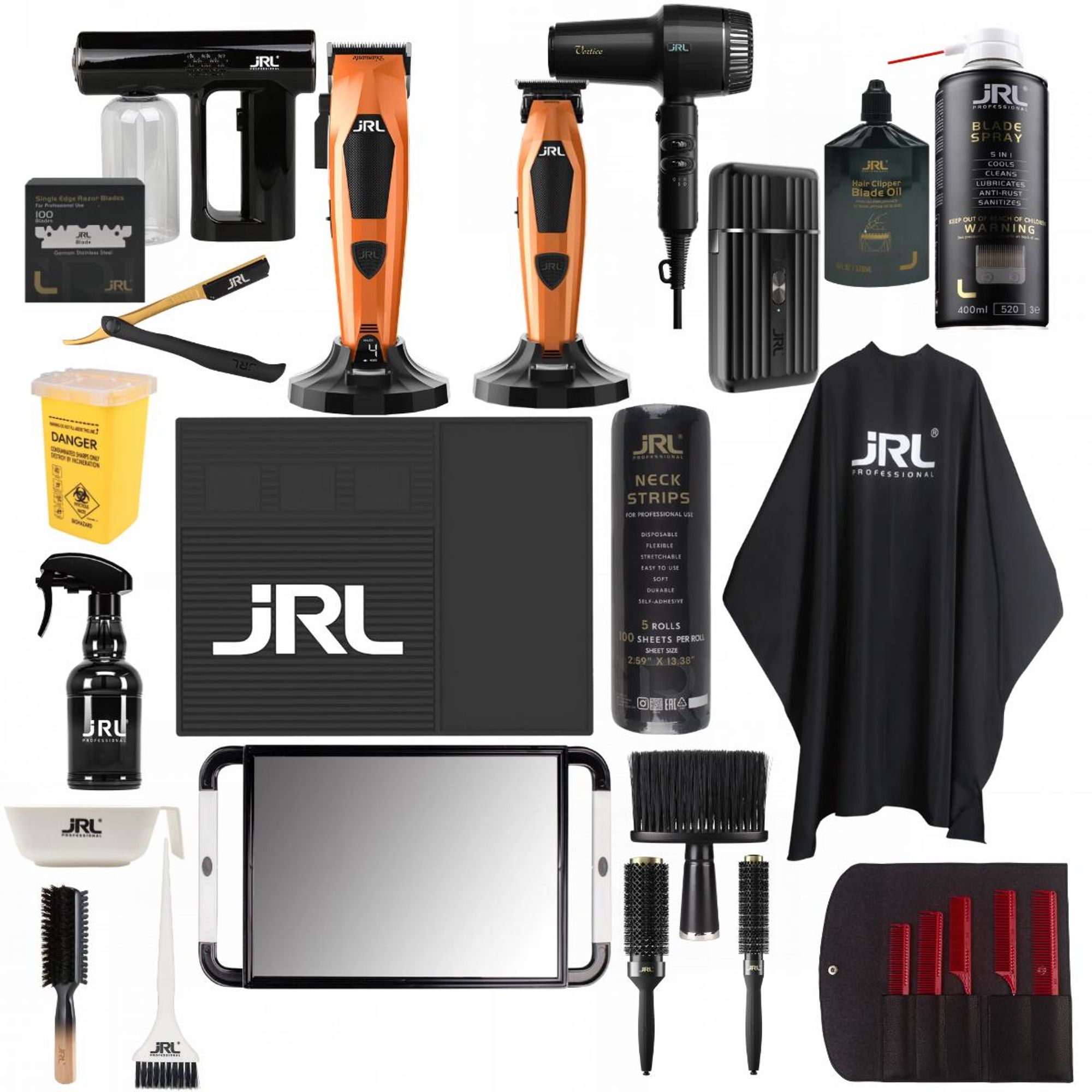 JRL Friseur Set 10 mit Diamante Orange Vortice Onyx Shaver und professionellem Barberzubehör