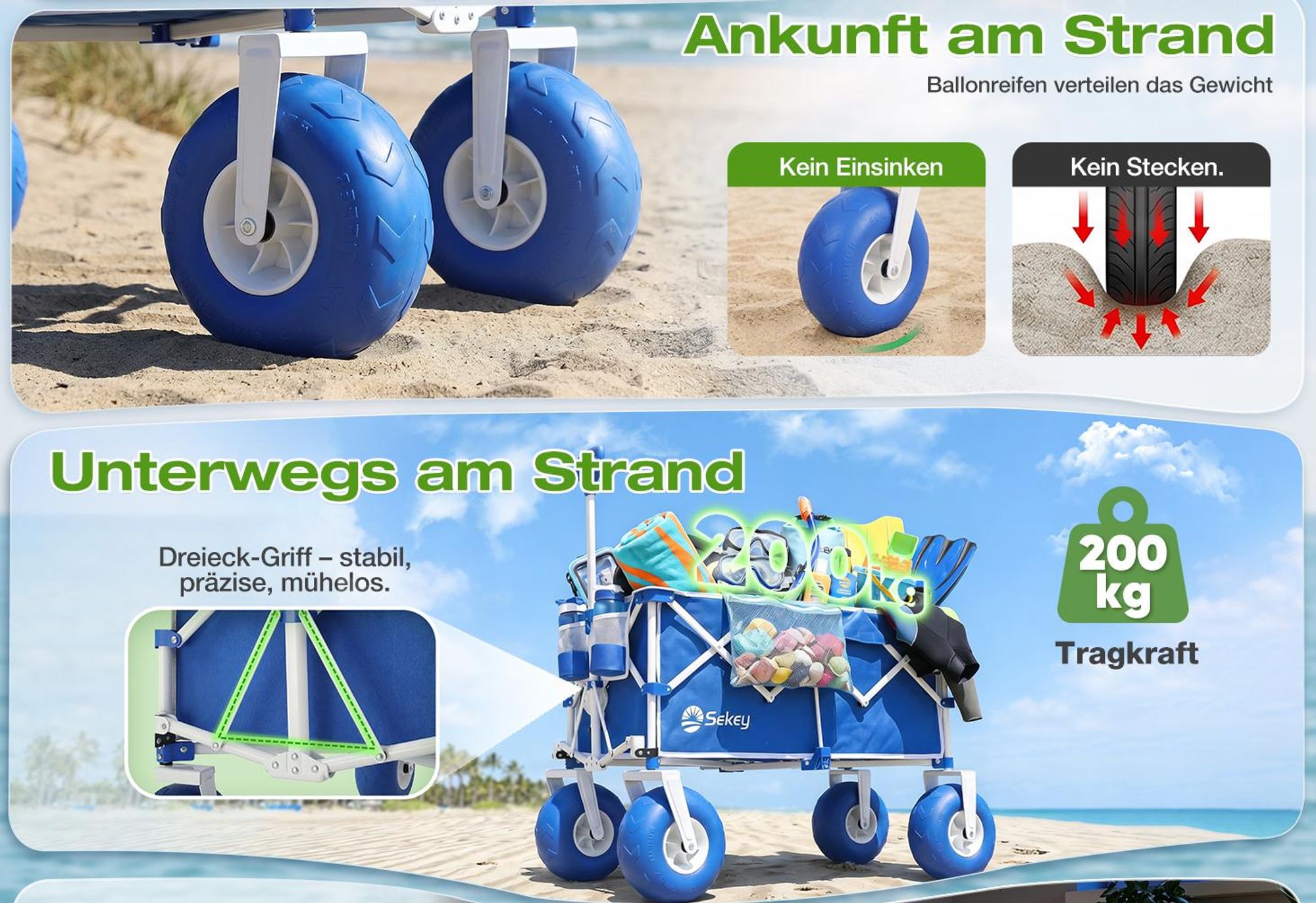 Sekey Bollerwagen Faltbar Luftreifen Groß Transportwagen Klappbar Handwagen - bis 200 kg belastbar, Blau