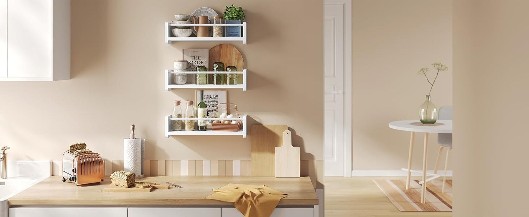 WOLTU Wandregale 3er Set, Hängeregal mit Metallstange, Schweberegal, Weiß