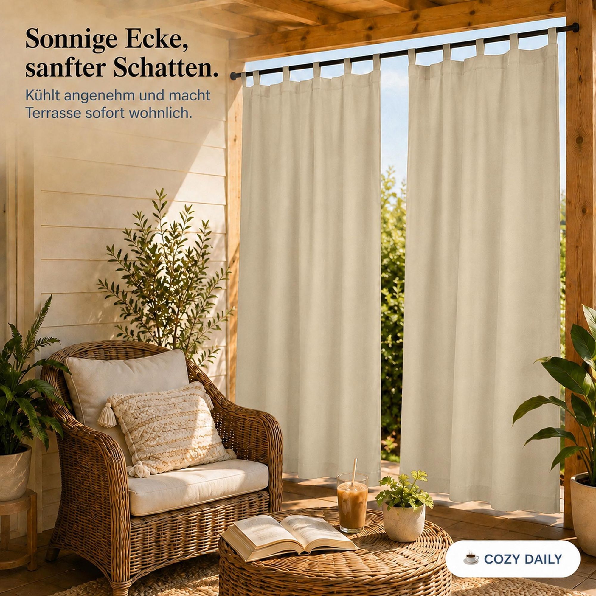 2Stk Outdoor Vorhang Wasserdicht mit Klettverschluss Schlaufen - Beige Thermovorhang Blickdicht Garten Terrasse Pergola Balkon B*H: 132x213cm