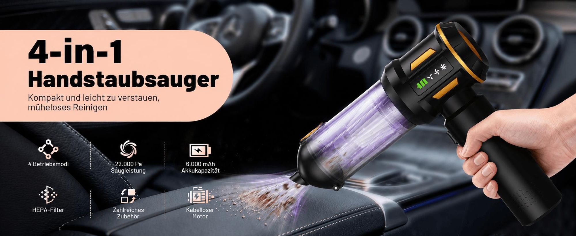 22000Pa Handstaubsauger, 4 in 1Autostaubsauger Kabelloser, 80.000 U/min Bürstenloser Motor, Mini staubsauger, 3 Stufen, LED anzeige, für Auto Haushalt