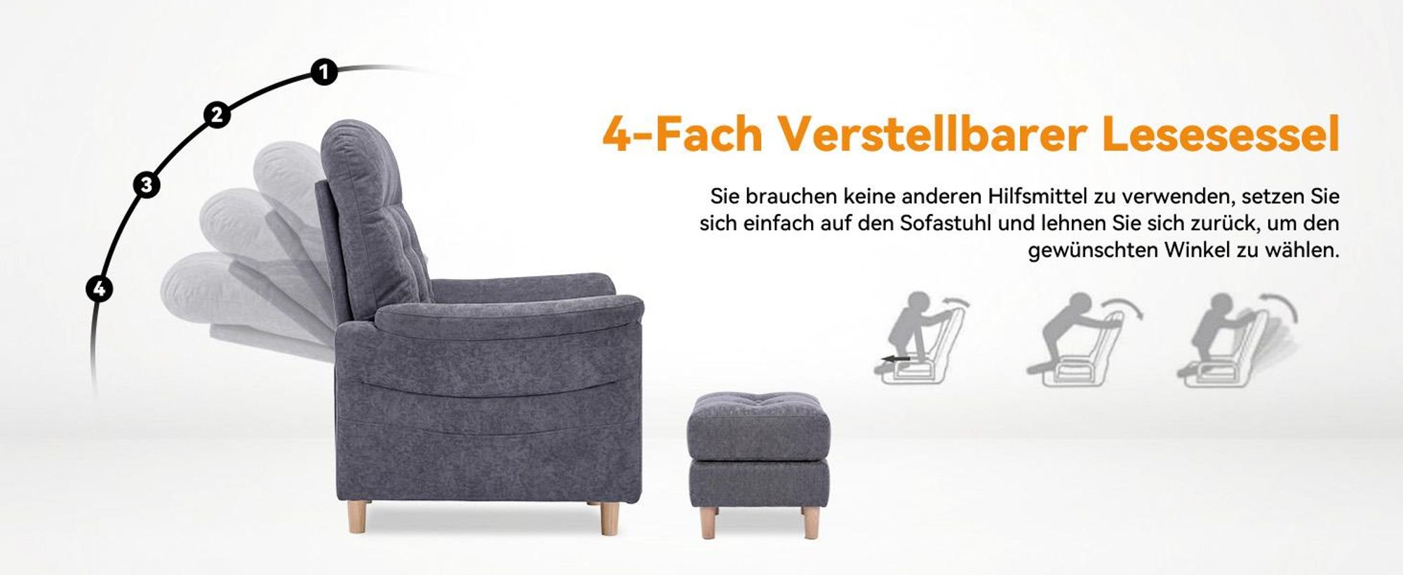 COMHOMA Relaxsessel Fernsehsessel mit Verstellbarer Rückenlehne 4-Gang-Verstellung bis 160°,Federkissen mit Hocker Einzelliege Sessel Wohnzimmer Grau