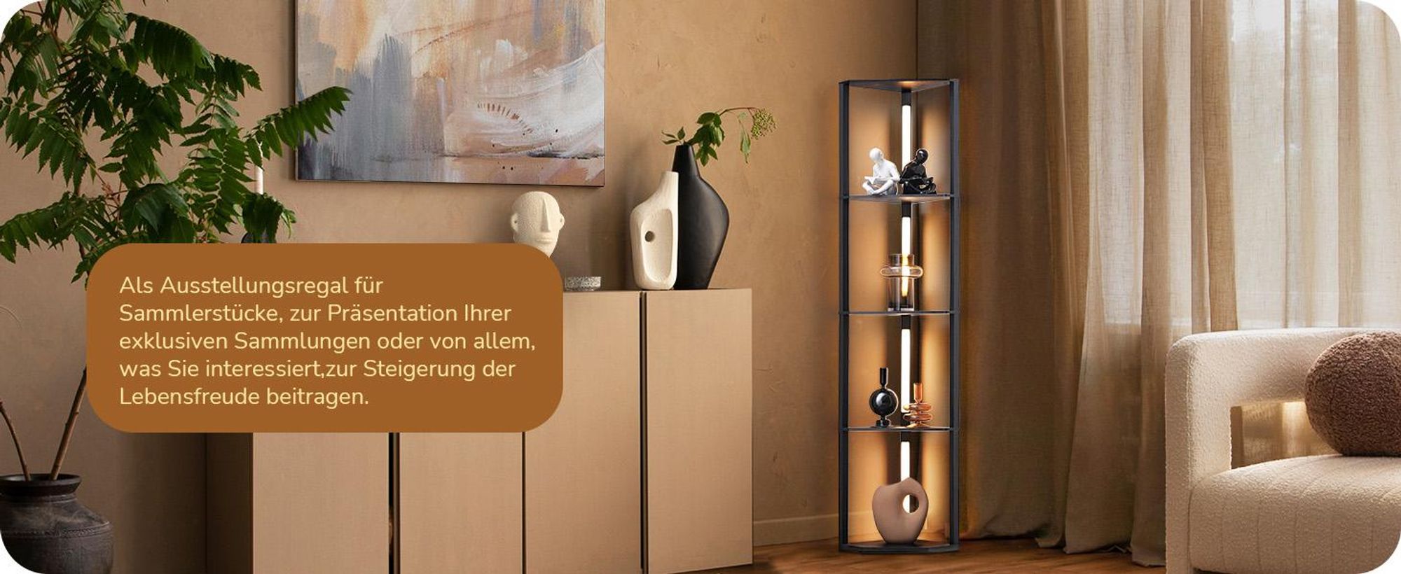 EDISHINE Stehlampe Dimmbar Wohnzimmer Schwarz, Standleuchte mit 4 Holz-Regal & 4 LED-Stangen 360° gedreht