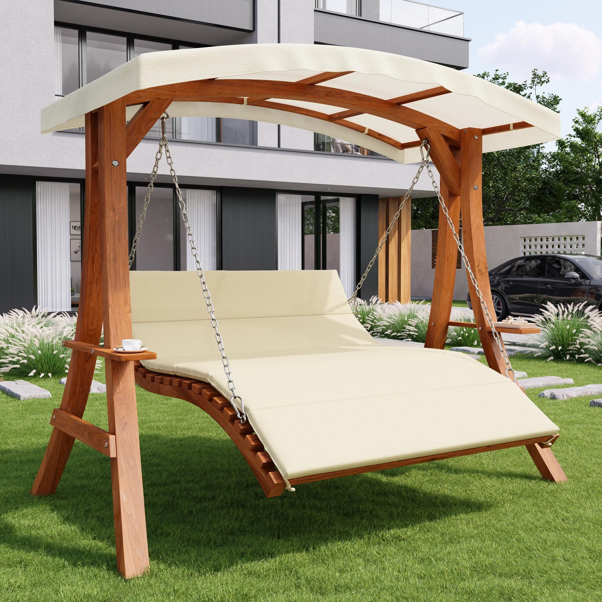 Flieks Hollywoodschaukel mit Sonnendach und Ablagen, Hängesessel Gartenschaukel mit verstellbarer Rückenlehne, Doppelschaukel Naturbelassen