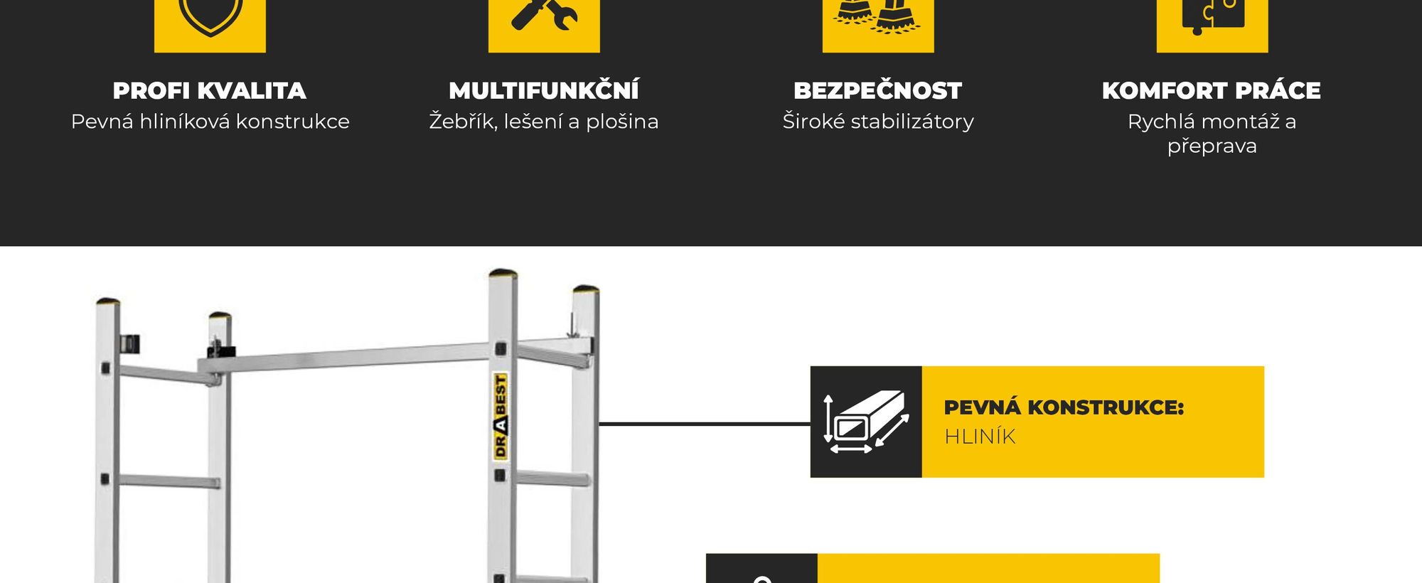 Drabest | Hliníkové lešení – hliníkové lešení 2×7 – žebříkové lešení – nosnost plošiny: 150 kg – rozměry plošiny 46×150 cm