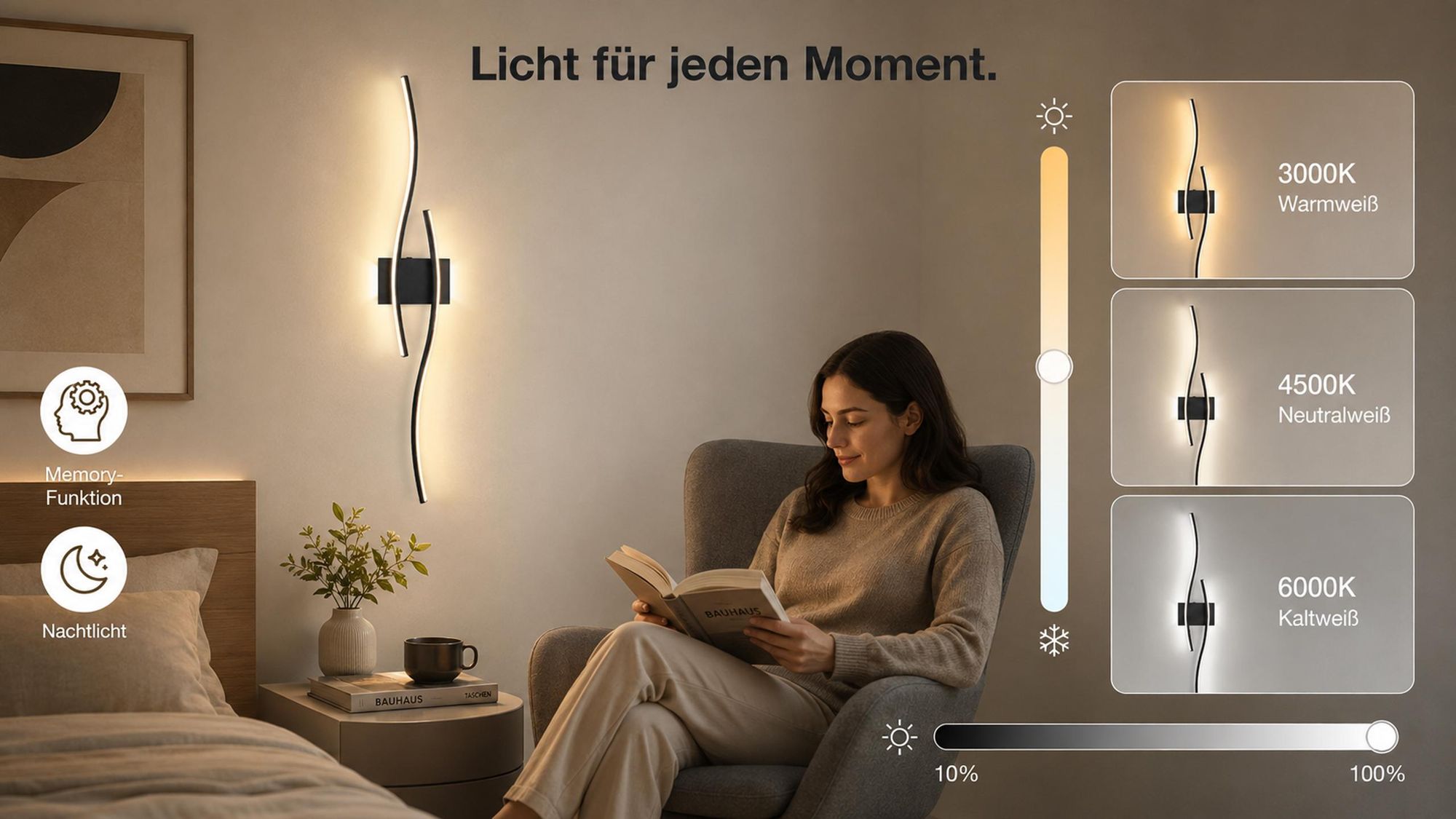 Akku Wandleuchte Innen 100cm 1Stk, Kabellos Wandlampe Schwarz mit Fernbedienung & Schalter 10000mAh Dual-Seitenlicht Flur Treppenhaus Schlafzimmer