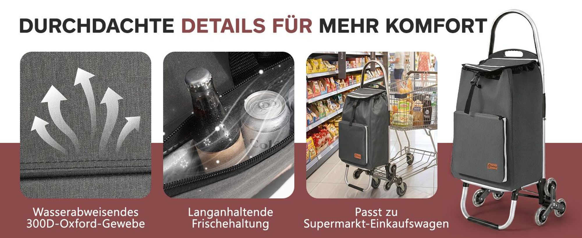 Sekey 3in1 Aluminium Trolley Faltbar Einkaufstrolley Klappbar, Shopping Trolley, 50L Rucksack, Kühlfach, Treppensteiger - Grau