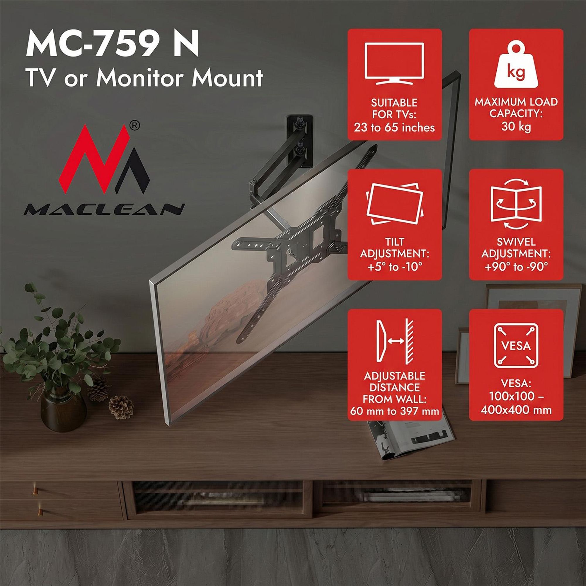 Halterung / Aufhängung für Fernseher oder Monitor von Maclean max. 23–65" max. Tragkraft 30 kg universell einsetzbar max. VESA 400 × 400 MC-759 N