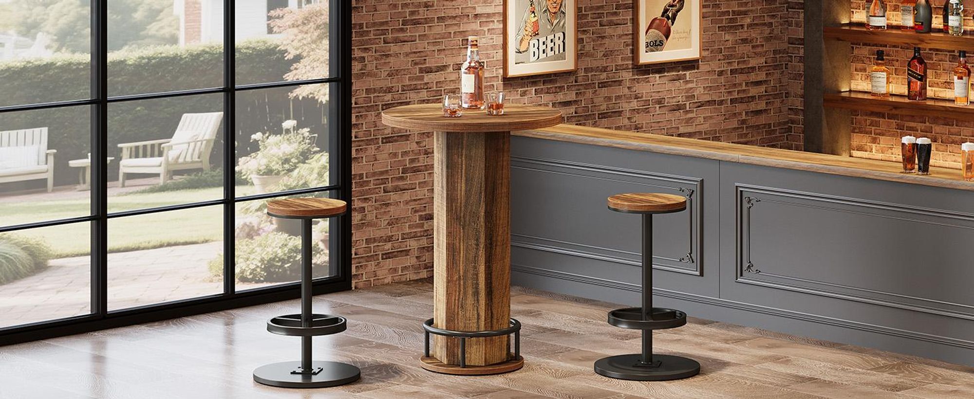 Tribesigns runder Bartisch mit Stühlen, industrielles Bistro-Set mit 2 Barhockern, Stehtisch mit Metallring-Fußstütze Küchenecke, kleiner Raum