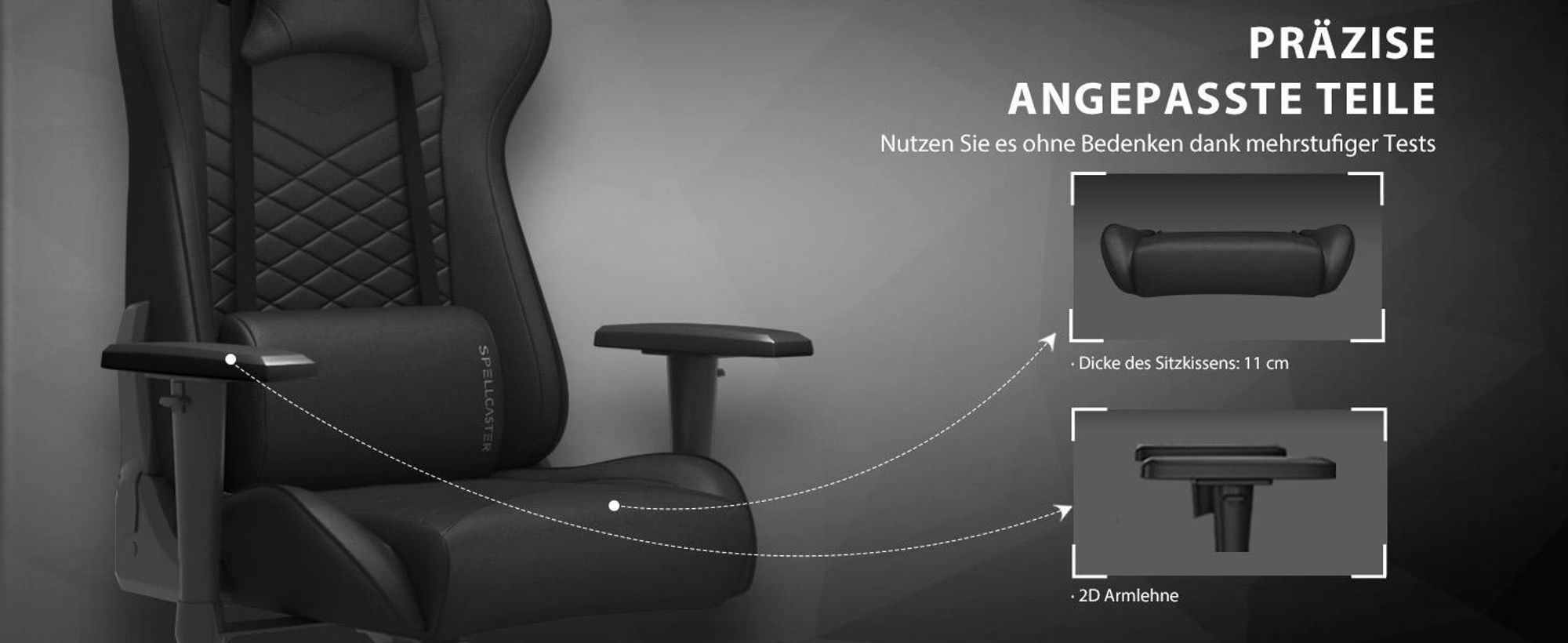 SENSE7 Spellcaster Gaming Stuhl Schwarz - Ergonomischer Bürostuhl PC Schreibtischstuhl Zockerstuhl 150 kg 2D-Armlehnen 160° Chefsessel