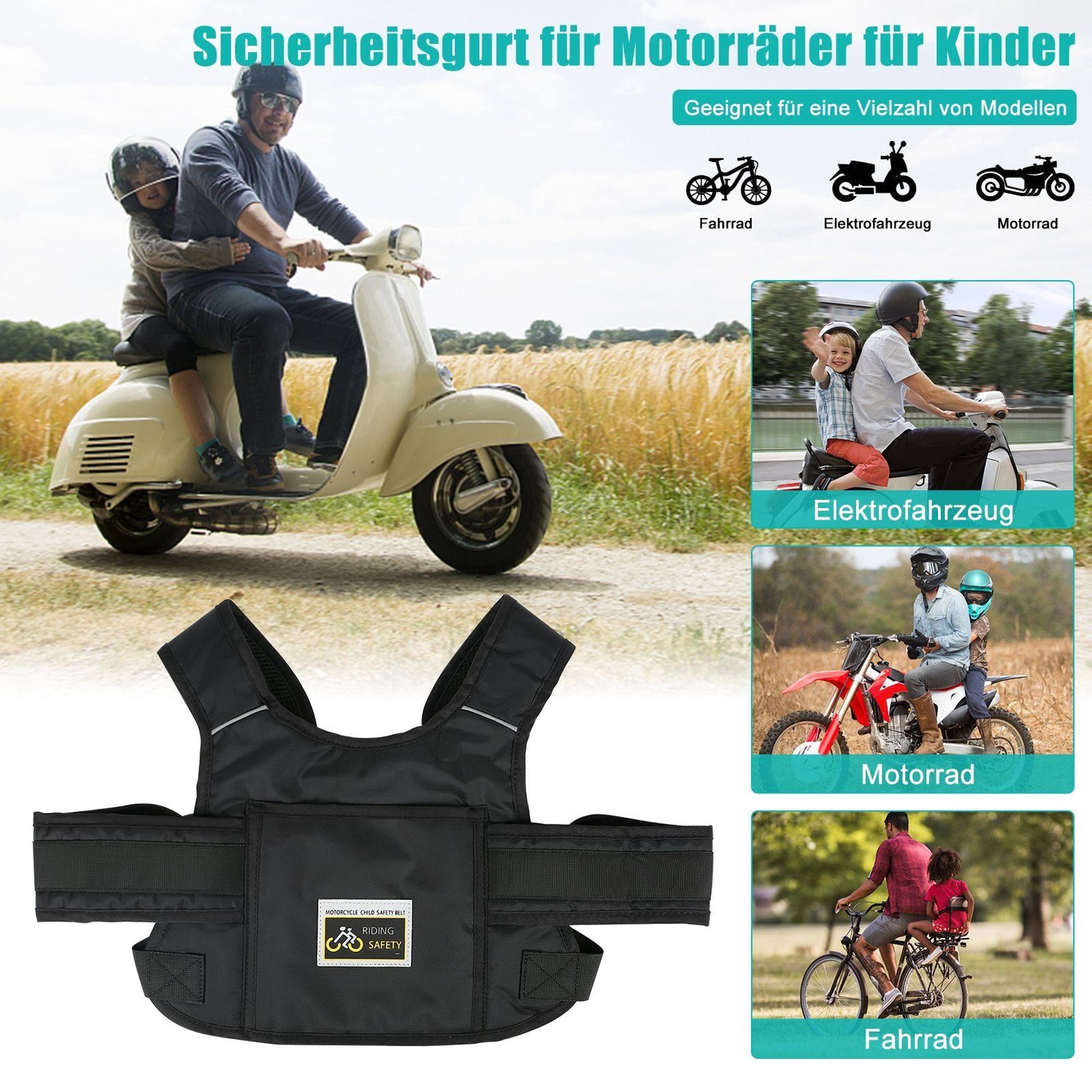 TWSOUL Sicherheitsgurt für Kinder in Elektroautos und Motorrädern Kinder-Sicherheitsgurt Wasserdichtes Nylongewebe, Reflektierendes Design für Nachtsi