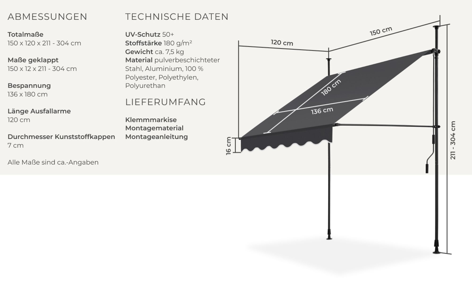 tectake® Klemmmarkise mit Handkurbel einfache Montage