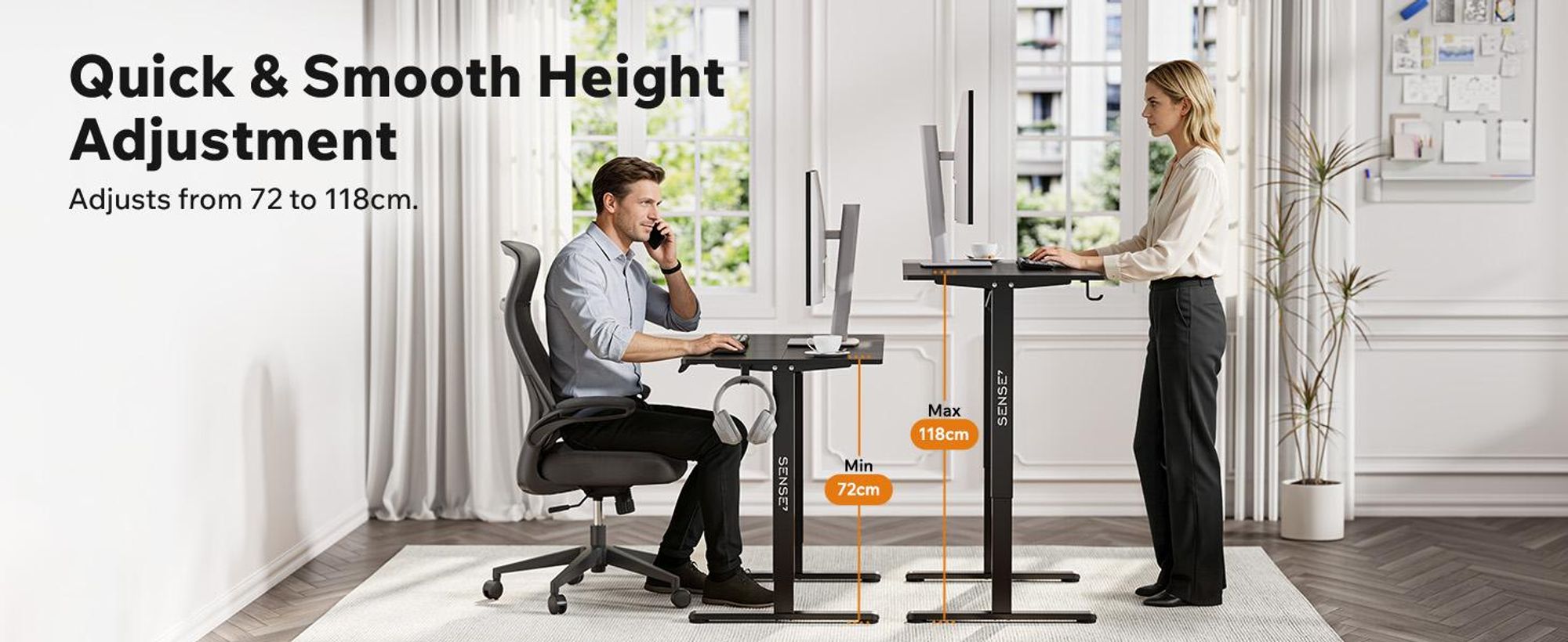 SENSE7 NOJO Light – elektricky výškovo nastaviteľný podstavec k písacímu stolu | 72–118 cm, pamäťová funkcia, držiak na slúchadlá, max. 70 kg, oceľový podstavec