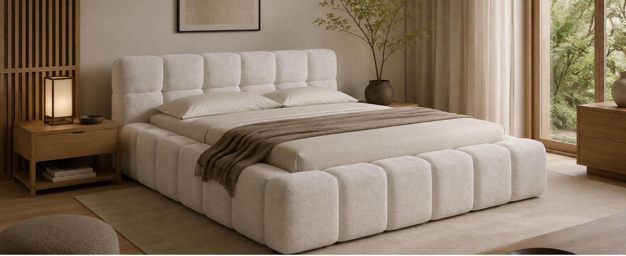 Lit rembourré 140×200 cm NUBO PREMIUM avec coffre de rangement et tête de lit capitonnée, lit nuage, tissu beige Perfect Harmony 02